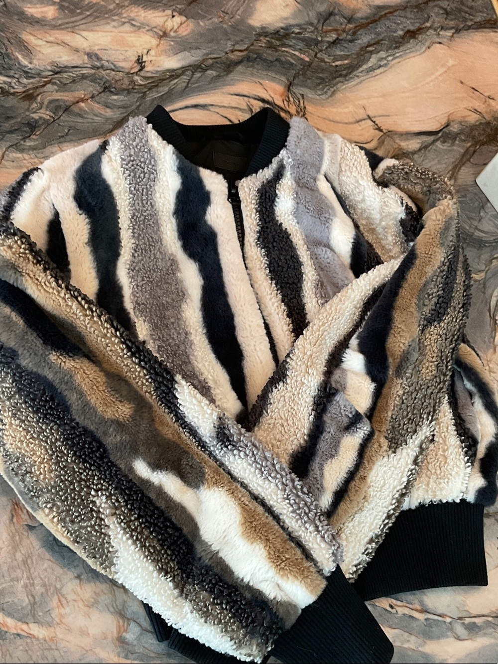 MOTHER Striped Sherpa Bomber Sweater in Black, Gray & Cream